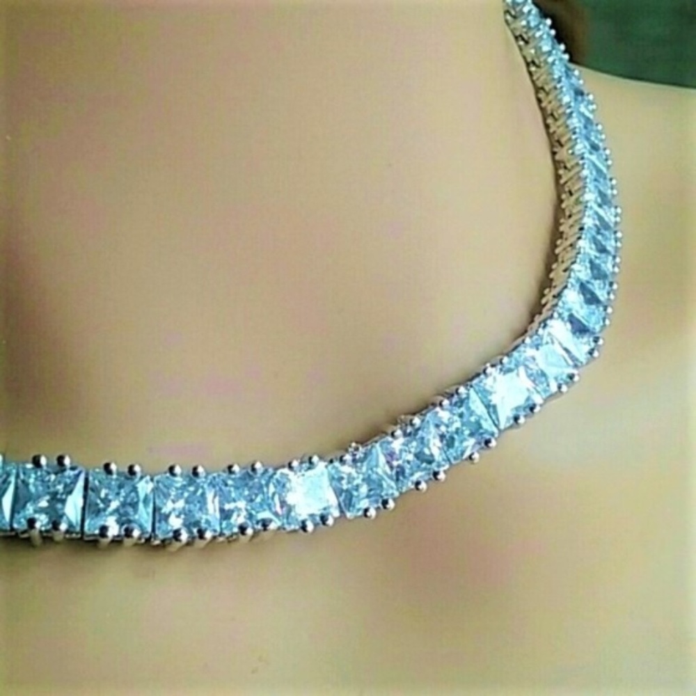 Silver 16" Necklace of Square 1ct CZ gems  NWOT